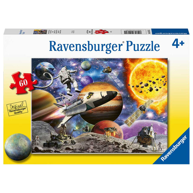 60pc Explore Space Puzzle with extra-large pieces featuring astronauts, planets, and a space shuttle for kids ages 4 and up.