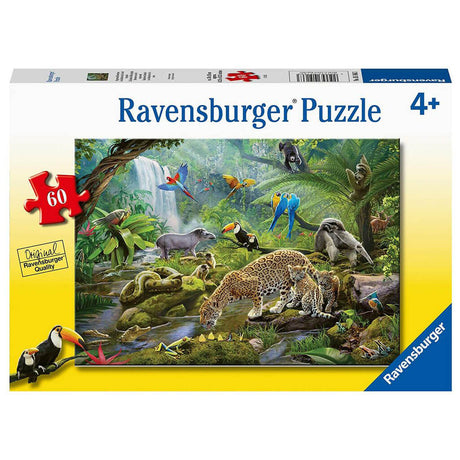 60pc Rainforest Animals Puzzle featuring vibrant rainforest creatures with extra-large pieces for kids aged 4 and up.