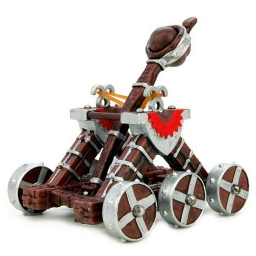 Red Catapult wooden medieval toy with silver accents and wheels for epic battles and kingdom defense play.