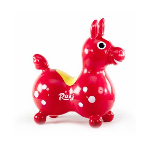 Rody | Red inflatable ride-on horse made of durable, soft vinyl for kids’ fun, balance, and coordination exercise.