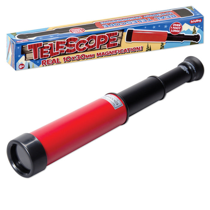 Telescope with extendable arm made of tin, featuring classic design, measuring 10 inches fully extended for kids ages 3 and up.