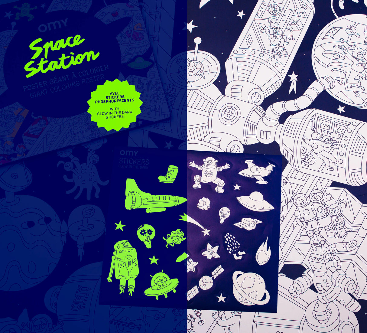 Space Giant Coloring Poster With Stickers featuring space station illustrations and glow in the dark sticker sheet.