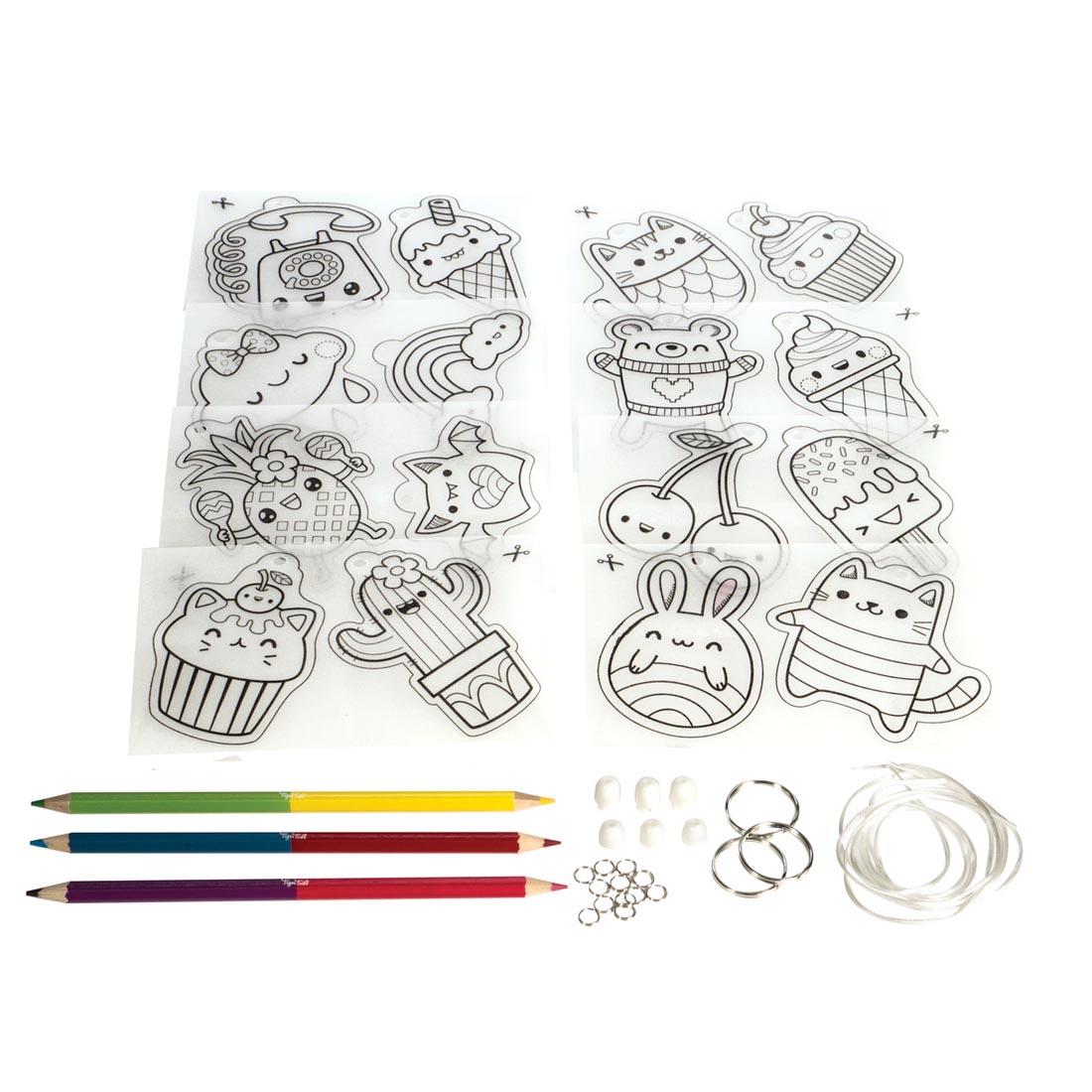 Shrinkies | Sweet Treats featuring plastic charms, color pencils, and key chain accessories for kids' retro art projects.