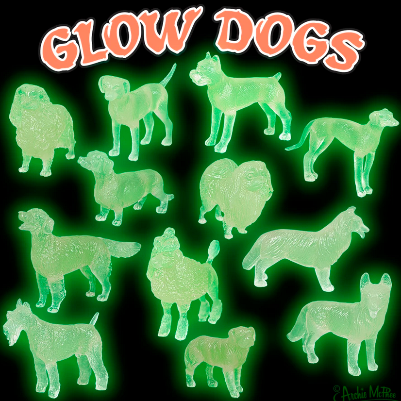 Glow Dog collectible soft vinyl mini dog figures glowing green in the dark, assorted styles sold individually.