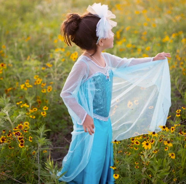 Ice Queen Dress with Cape Size 3-4 worn by child in flower field featuring sequin bodice and sparkling tulle cape.