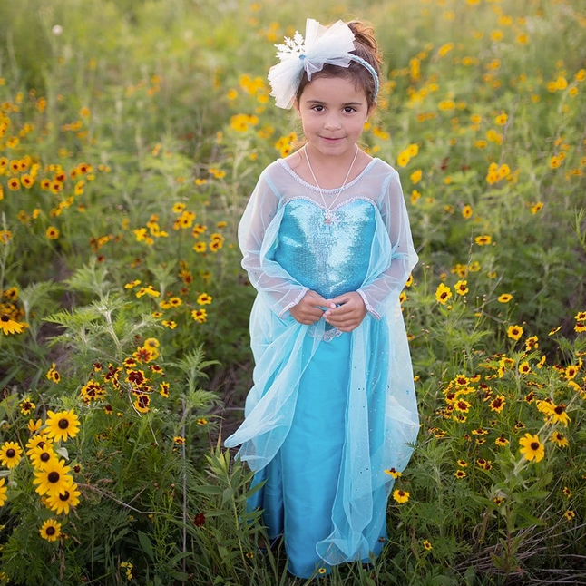 Ice Queen Dress with Cape size 3-4 worn by girl in field, featuring sequin bodice and sparkling organza cape.