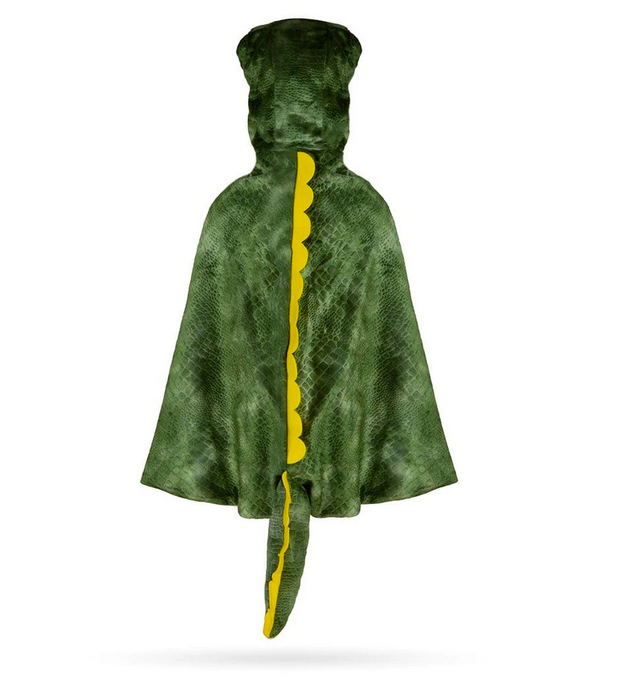 T-Rex Hooded Dinosaur Cape with textured velour, 3D tail, yellow spikes, and hood for size 4-5 kids.
