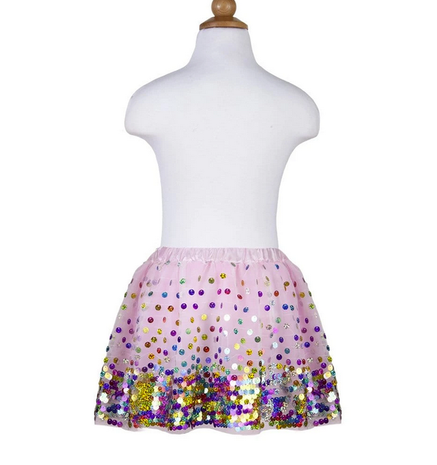 Sequins Skirt | Party Fun Size Multi featuring a soft pink base with multicolored rainbow sequins on a child-size mannequin.