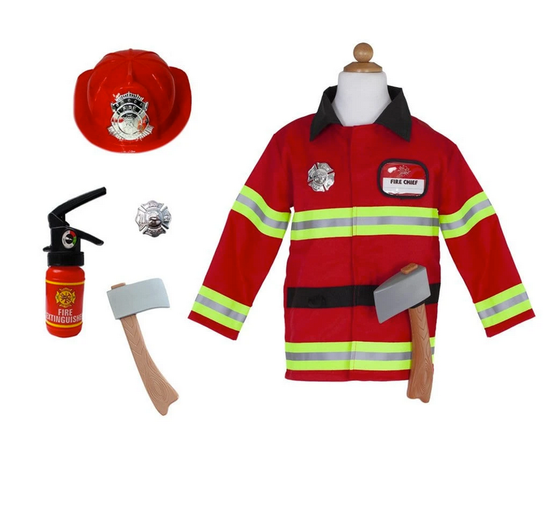 Firefighter Set with red coat, helmet, axe, fire extinguisher water gun, and badge for kids dress-up play.