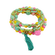 Mango Tango Bracelets set of 5 stretch bracelets with mint green, pink, yellow beads, pom pom, and tassel charms.