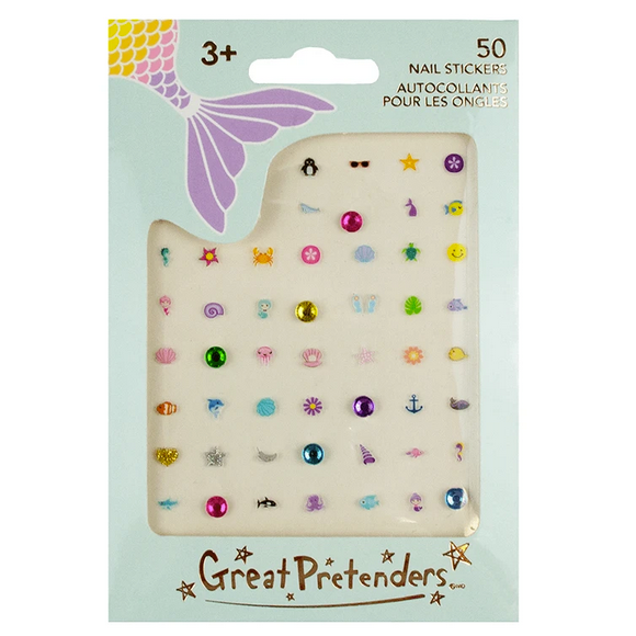 Nail Stickers | Mermaids featuring 50 colorful underwater-themed stickers and rhinestones for kids aged 3 and up.