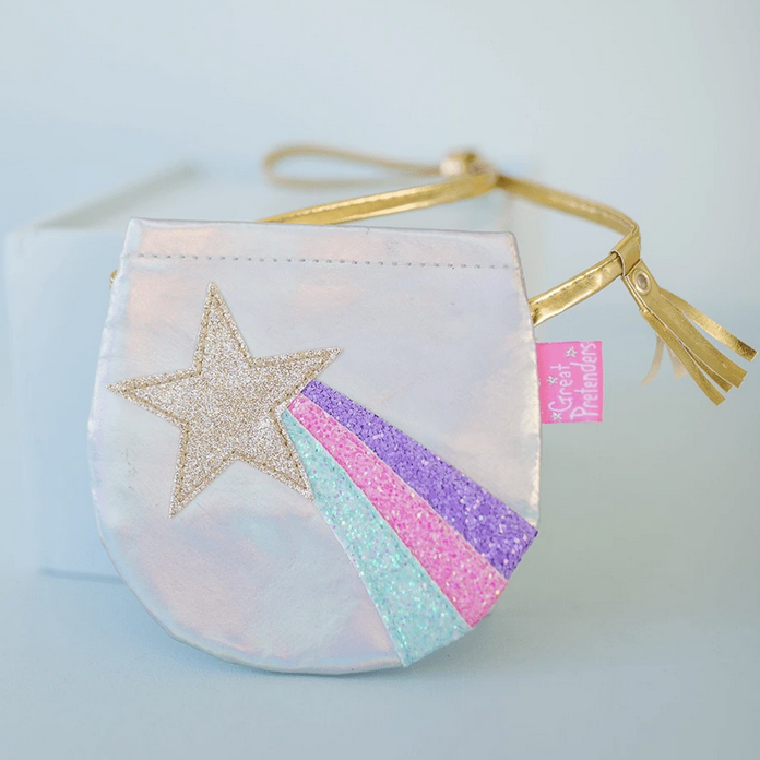Shining Star Purse silver with glittery star and multicolored shooting star design, gold shoulder strap, tassel, Velcro closure.
