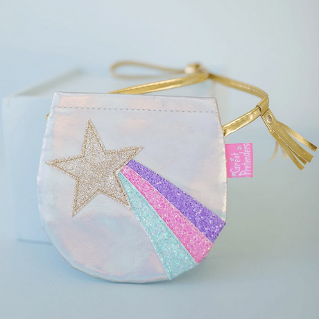 Shining Star Purse silver with glittery star and multicolored shooting star design, gold shoulder strap, tassel, Velcro closure.