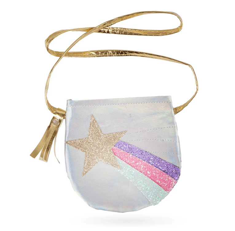 Shining Star Purse with silver finish, glitter star, multicolored shooting star design, golden shoulder strap, and tassel detail.
