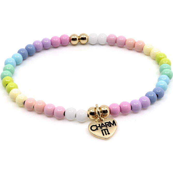Pastel Bead Stretch Bracelet with multicolored beads and gold heart charm, perfect for stacking and customizing.