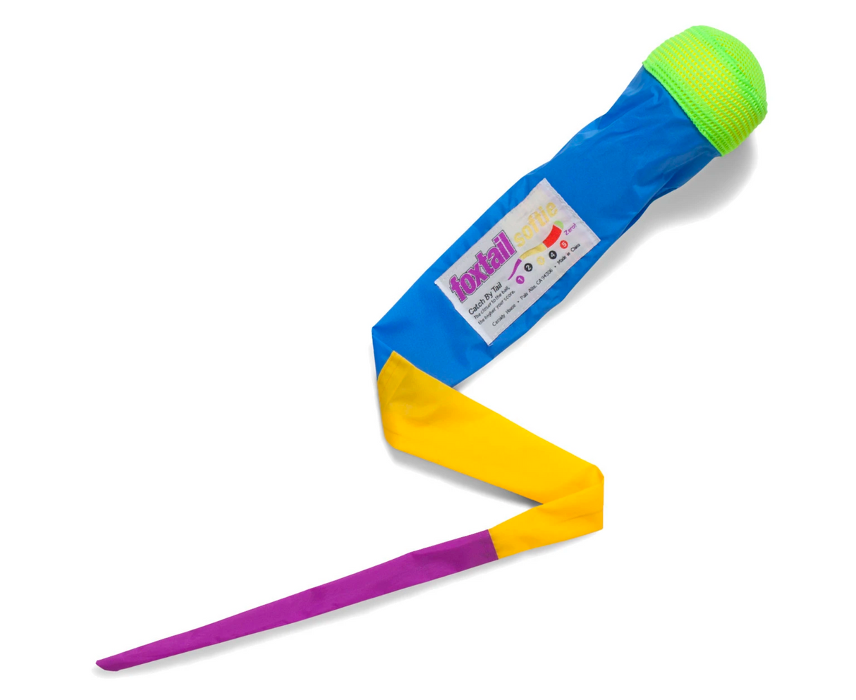 Foxtail Softie soft foam toy ball in blue with yellow and purple tail, safe for young kids to throw and catch.