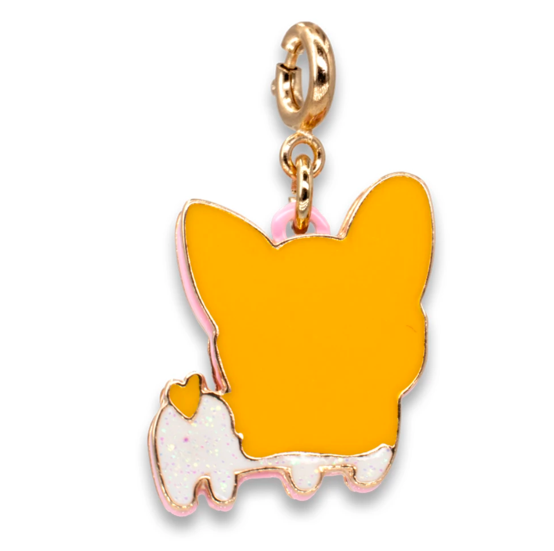 Gold Corgi Charm featuring enamel and glitter, showing the back of a corgi with a heart-shaped tail detail.