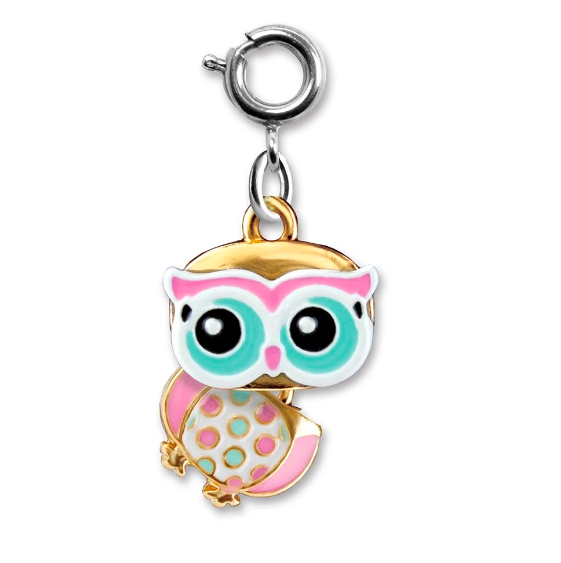 Swivel Owl Charm featuring colorful enamel owl design with gold-tone base metal and a secure clasp for easy attachment.