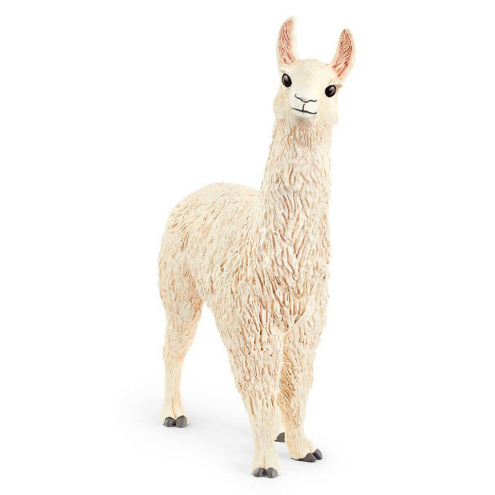 Llama figurine with detailed white wool texture, standing upright and looking curious, from Schleich FARM WORLD.