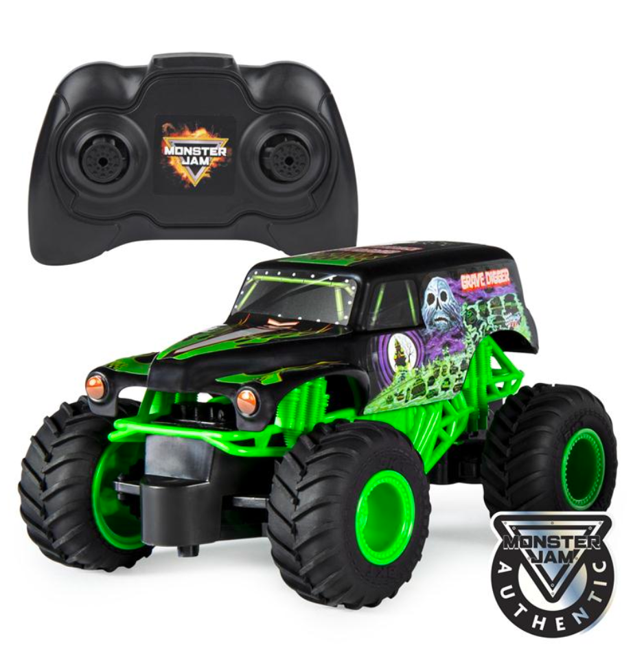 RC Monster Jam remote control truck with dual-joystick controller in black and green Toy for ages 4 and up.
