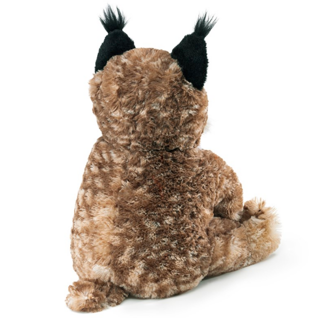 Bobcat Kitten plush puppet showing soft spotted fur and black ear tufts sitting facing away.