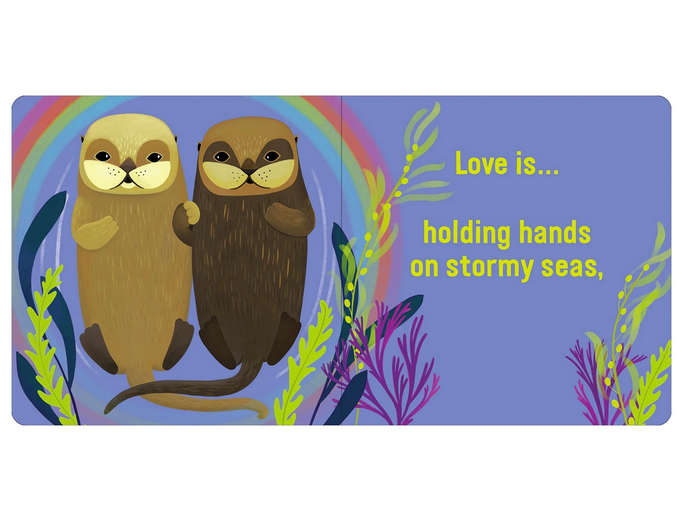 Love in the Wild board book illustration of two otters holding hands with rainbow and underwater plants.