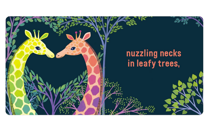 Love in the Wild board book page showing two colorful giraffes nuzzling necks among leafy trees.
