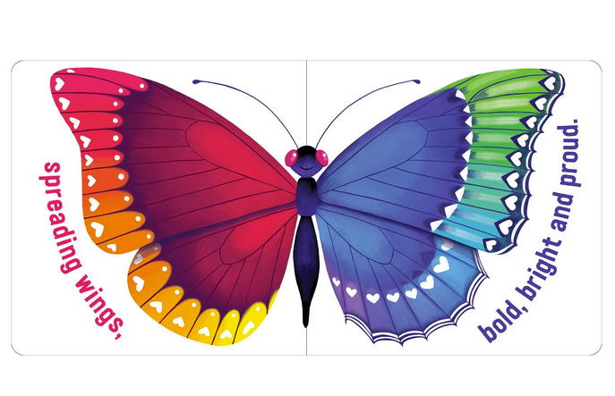 Love in the Wild board book page showing colorful butterfly wings with text about spreading wings and pride.