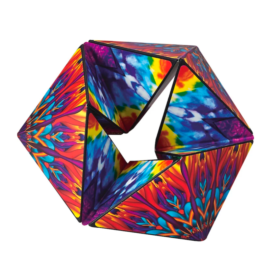 Karmagami sensory toy with vibrant colorful designs, infinitely flipping and transforming like a calming kaleidoscope.