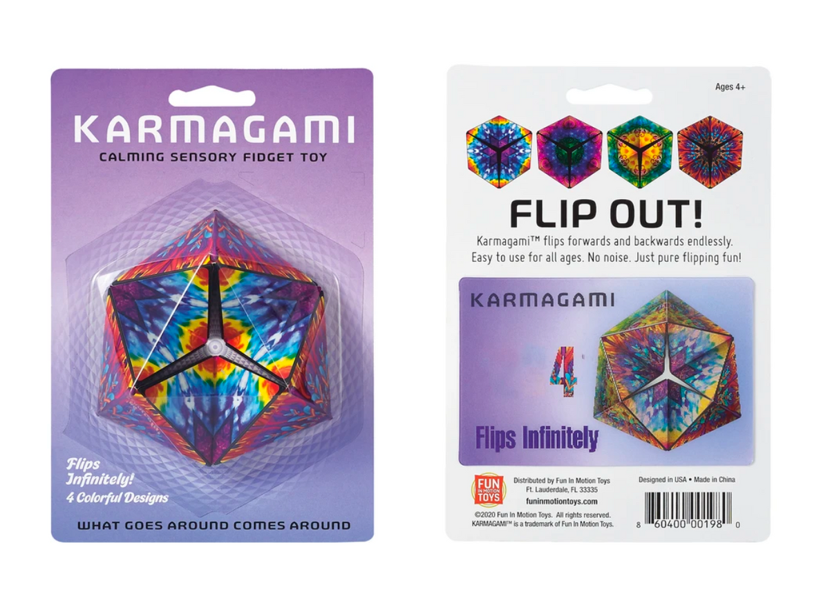 Karmagami calming sensory fidget toy with 4 colorful designs that flip infinitely, perfect for all ages to calm and focus.