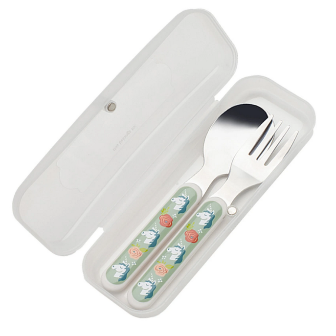 Silverware Set | Unicorn with fork and spoon in a reusable case featuring unicorn and flower design for kids.