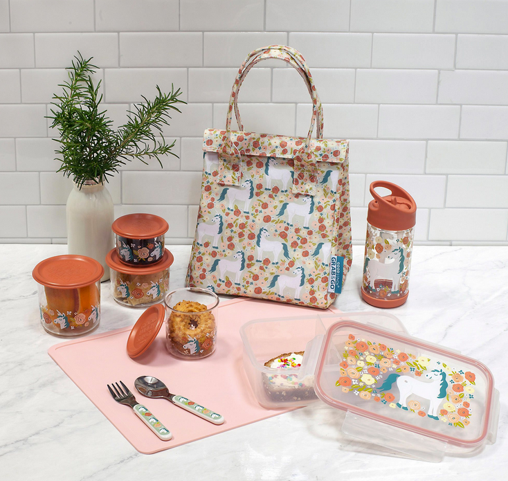 Silverware Set | Unicorn with fork and spoon in reusable unicorn print carrying case for kids packed lunches.