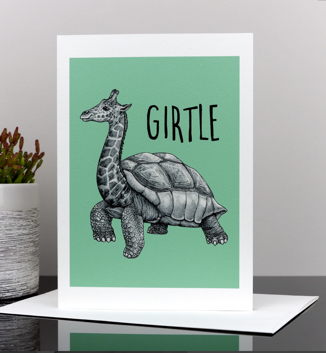Girtle Card featuring a playful giraffe-turtle hybrid illustration on a green background greeting card.