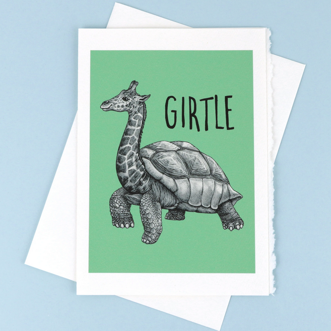 Girtle Card featuring a whimsical giraffe-turtle hybrid illustration on 5x7” deckle-edged greeting card.