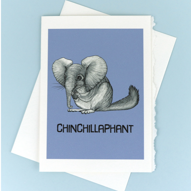 Chinchillaphant Card featuring a cute hybrid animal with elephant ears and chinchilla body on blue background.