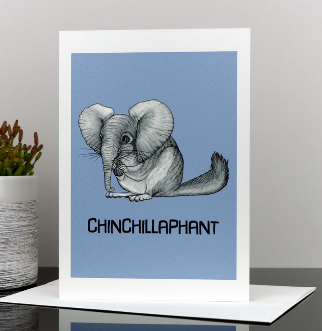 Chinchillaphant Card featuring a cute hybrid animal with elephant ears and chinchilla body on blue background.