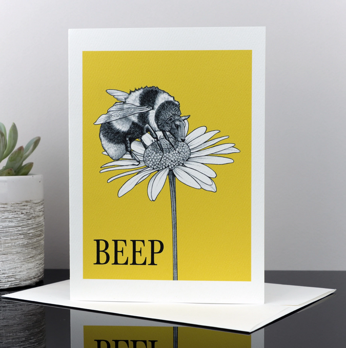 Beep Card featuring a half sheep, half bumblebee illustration on a yellow background with matching envelope included.