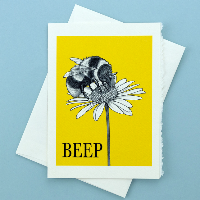 Beep Card featuring a half sheep, half bumble bee on a flower with a bright yellow background greeting card design.