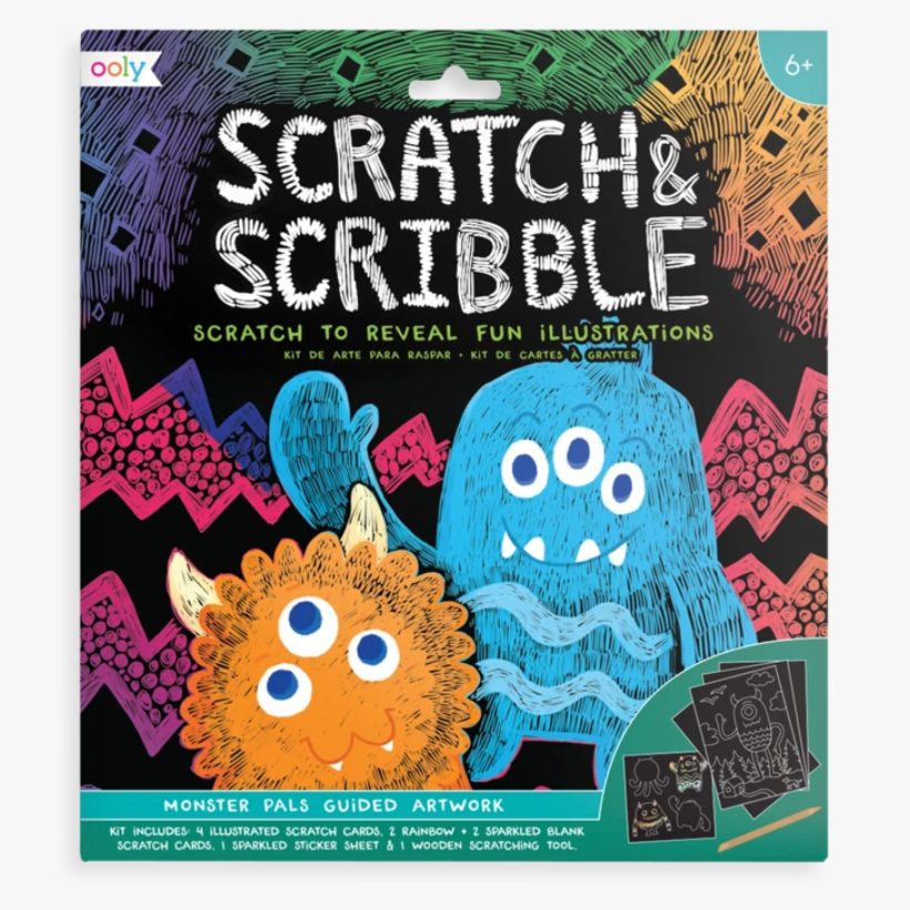 Scratch & Scribble Monster Pals scratch art kit with colorful monster illustrations and easy guided artwork for kids.