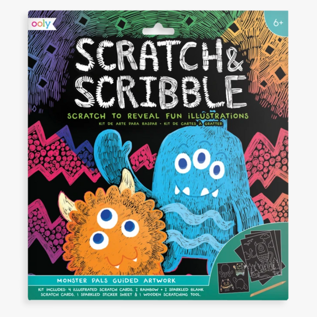 Scratch & Scribble Monster Pals scratch art kit with colorful monster illustrations and easy guided artwork for kids.