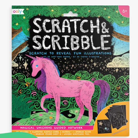 Scratch & Scribble Magical Unicorns art kit with pink unicorn, guided scratch cards, rainbow and sparkle designs for kids.