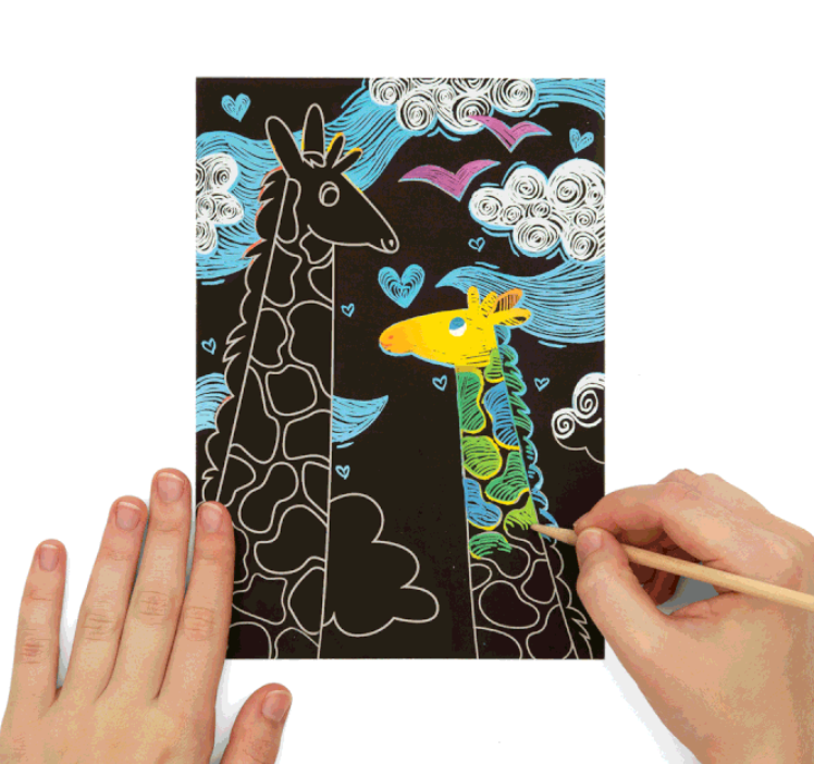 Scratch & Scribble Magical Unicorns showing a hand revealing colorful giraffe art with a wooden scratching tool.