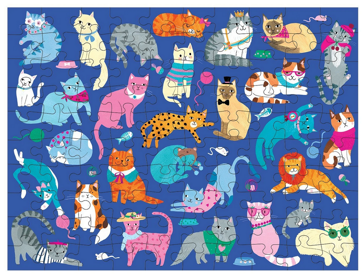 100pc Cats & Dogs Doublesided Puzzle featuring colorful illustrations of playful cats on a vibrant blue background.
