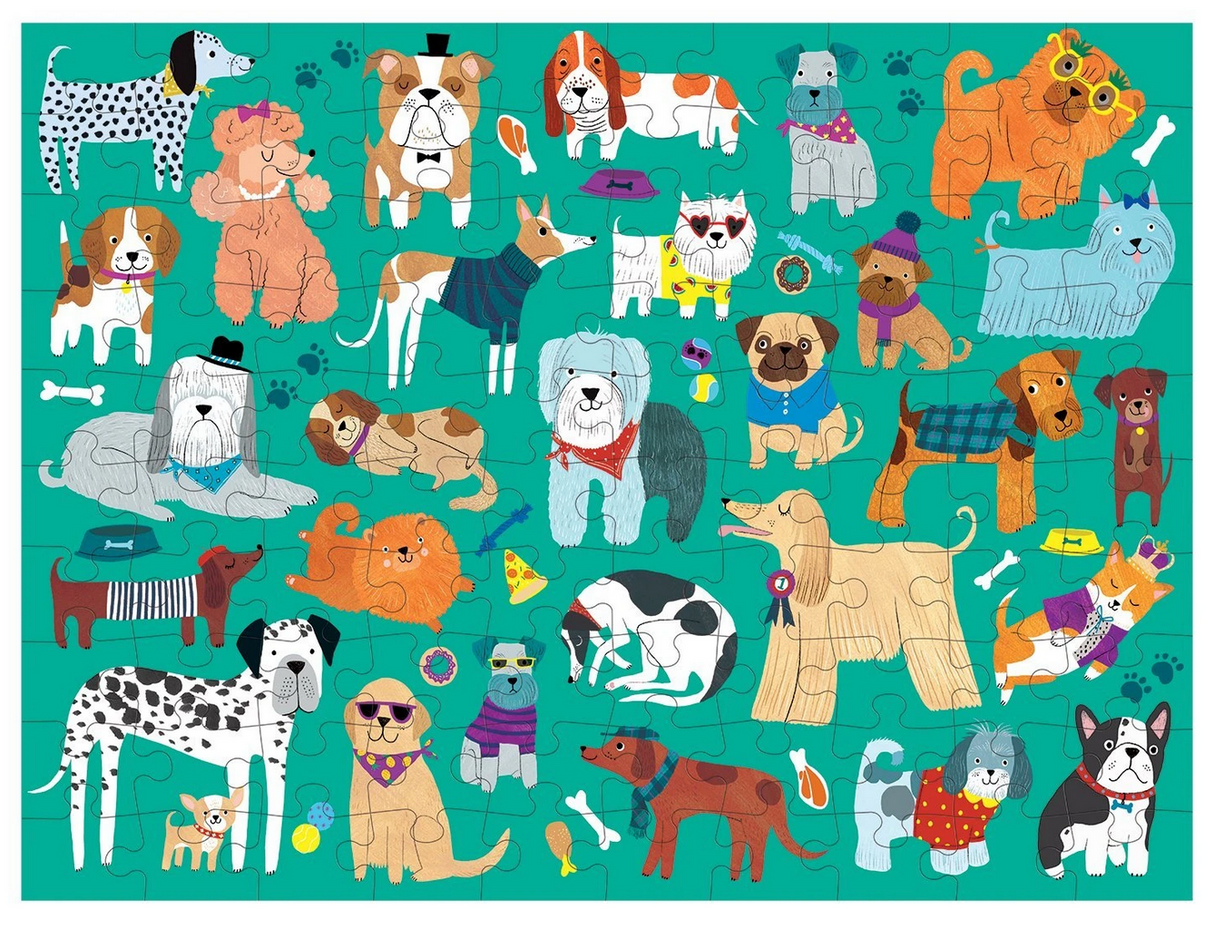 100pc Cats & Dogs Doublesided Puzzle featuring colorful illustrations of various playful dogs against a teal background.