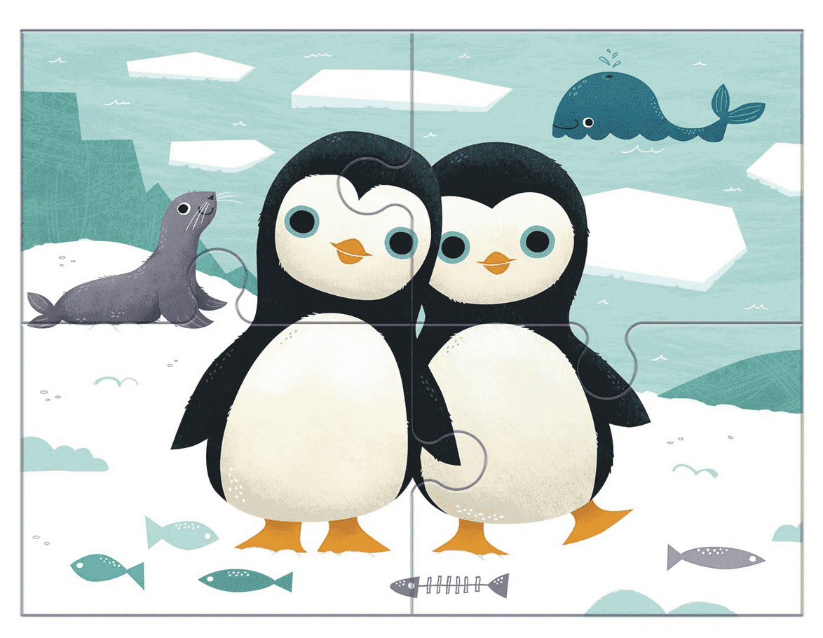 4-12pc Animal Progressive Puzzles featuring cute penguins, a seal, and whale in an arctic scene with 12 puzzle pieces.