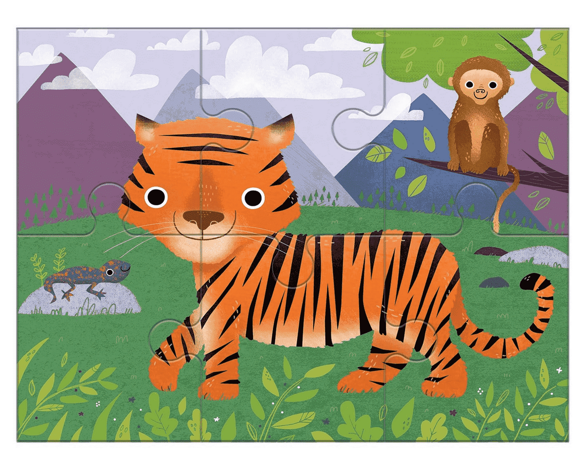 4-12pc Animal Progressive Puzzles featuring a tiger, monkey, and lizard in a colorful nature scene for kids ages 2-5.
