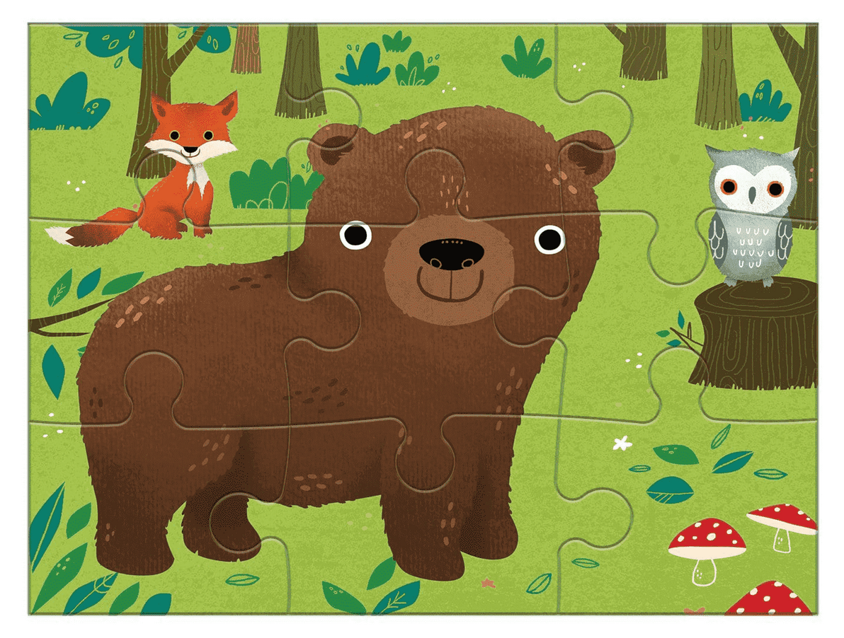 4-12pc Animal Progressive Puzzles showing a completed 12-piece bear puzzle with forest animals and greenery background.