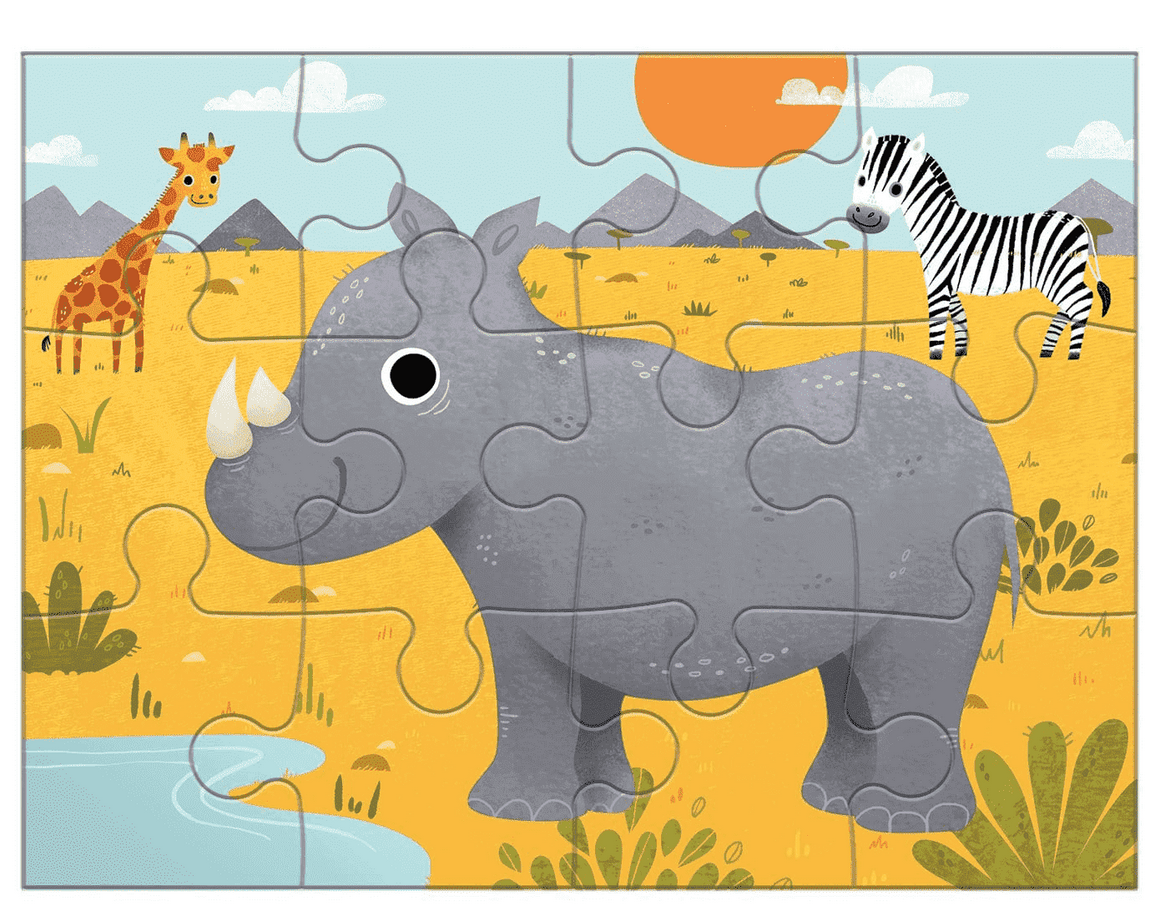 4-12pc Animal Progressive Puzzles showing a completed rhino puzzle with giraffe and zebra in savanna background.