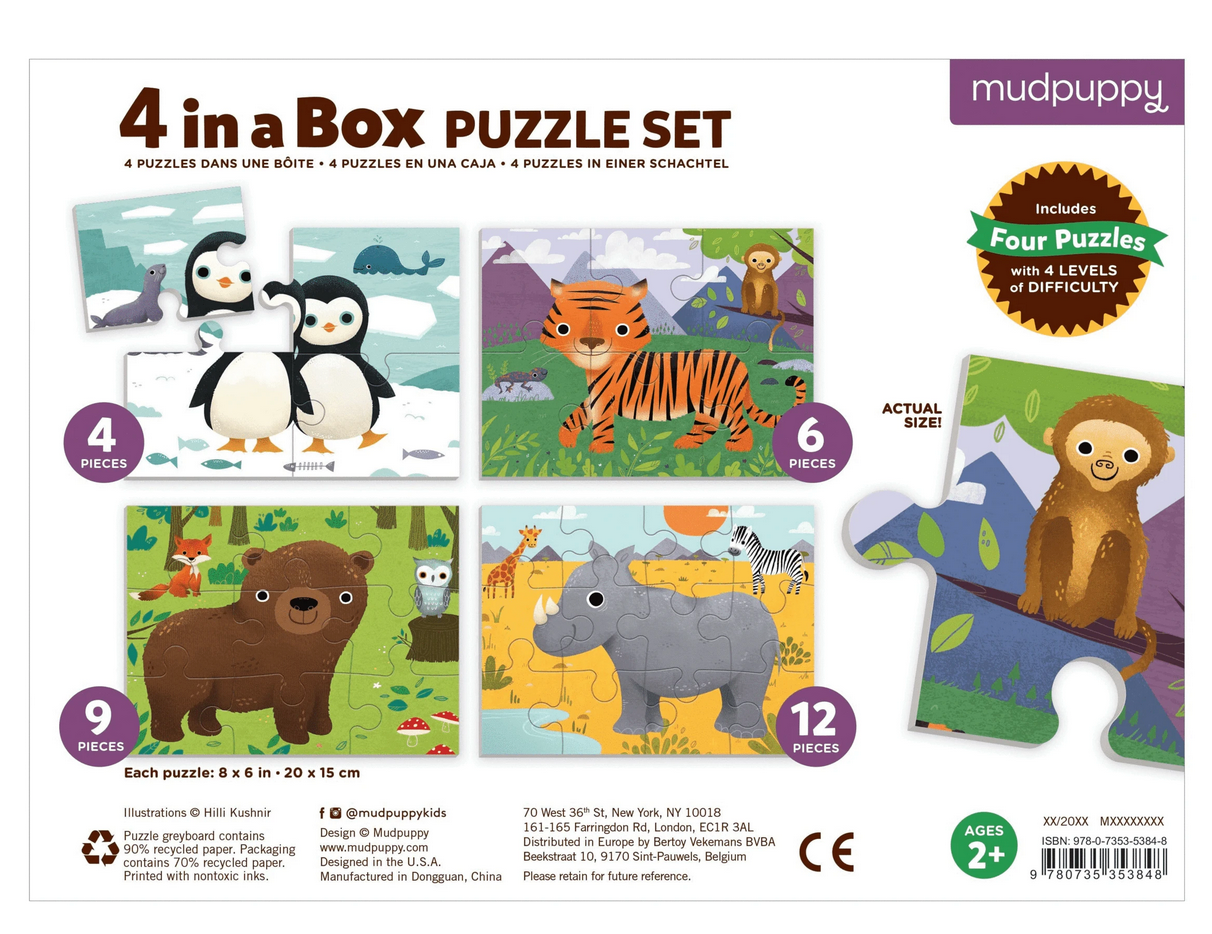 4-12pc Animal Progressive Puzzles featuring four adorable animal puzzles with increasing difficulty, sized 6x8 inches each.