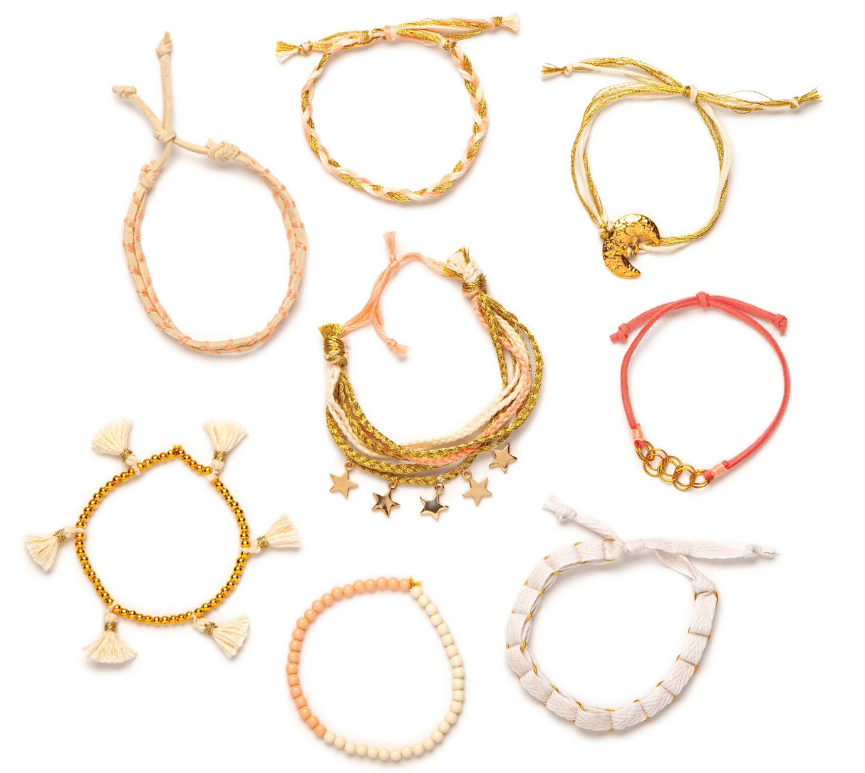 Bracelet Box Gold showing 8 stylish, handmade bracelets with beads, braiding, charms, and tassels in warm gold and pastel tones.